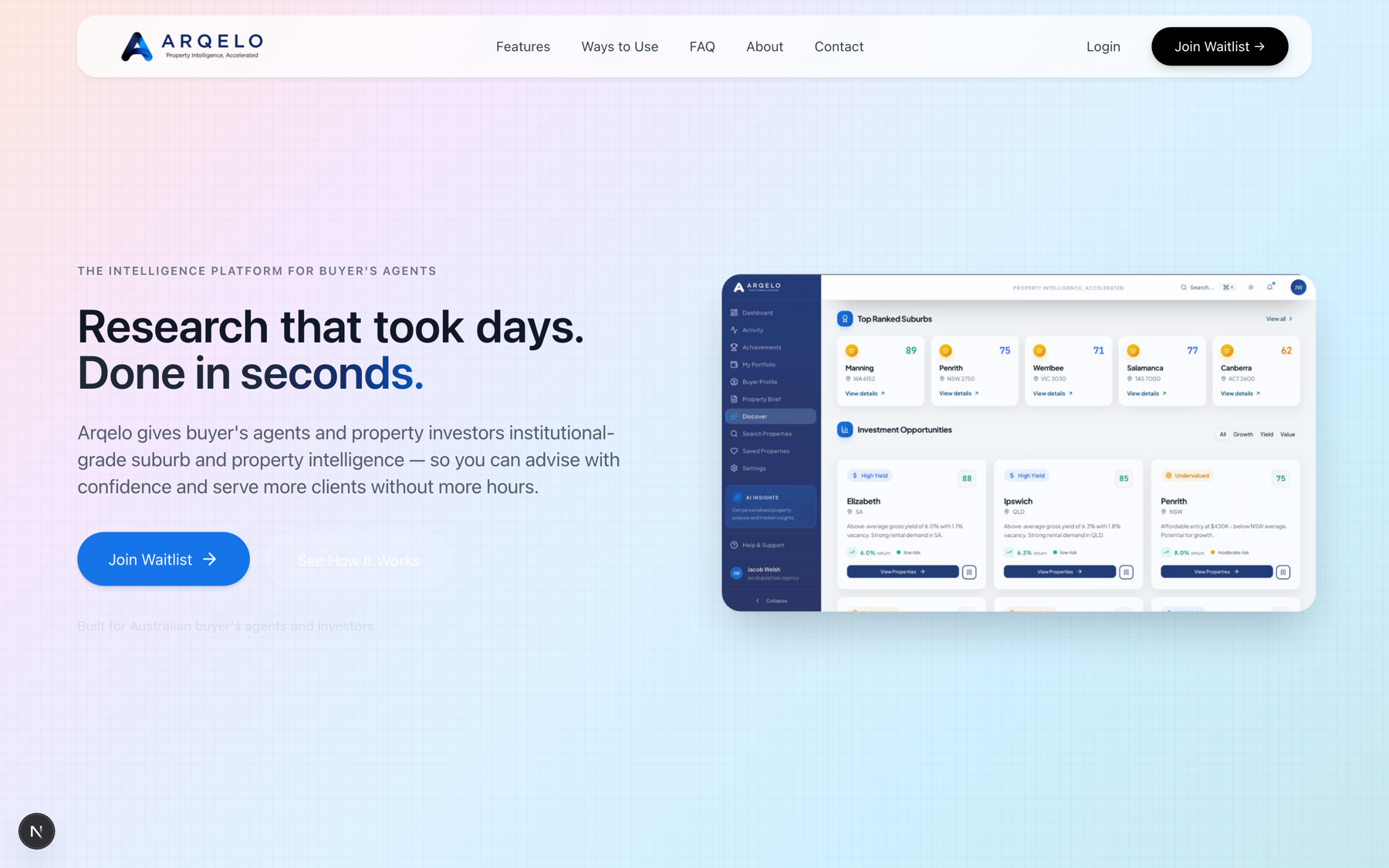 Arqelo’s homepage — the buyer’s-agent intelligence dashboard with top-ranked suburbs and scored investment opportunities