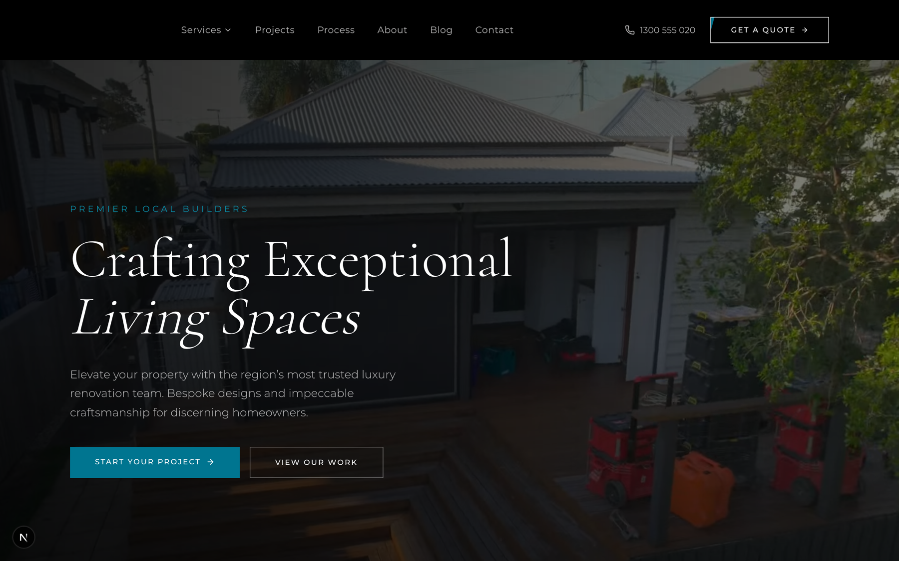 A luxury-renovation builder’s homepage — an editorial serif hero over a live jobsite photograph