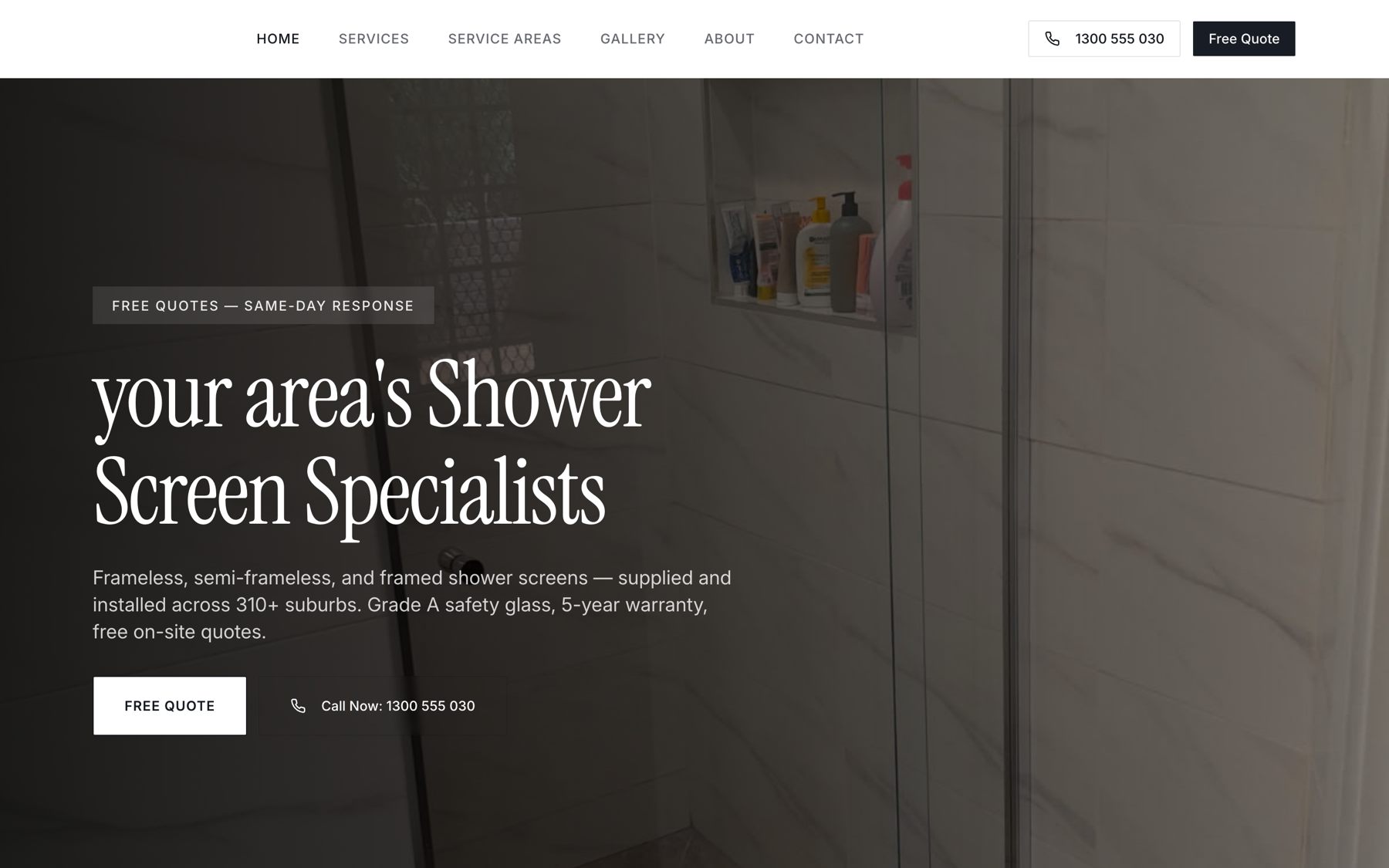 A shower-screen installer’s homepage — an editorial serif hero over a finished bathroom with a free-quote CTA