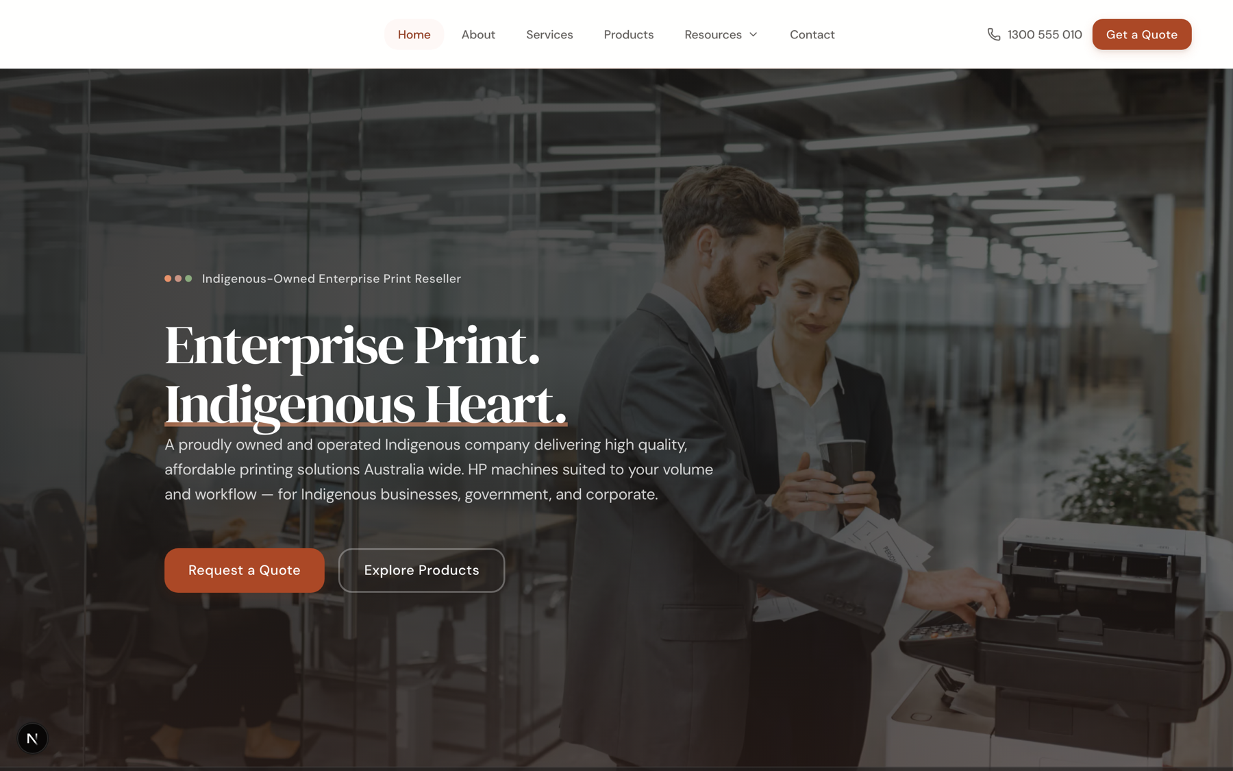The print reseller’s lead-gen homepage — an editorial hero over a workplace photograph with a quote CTA