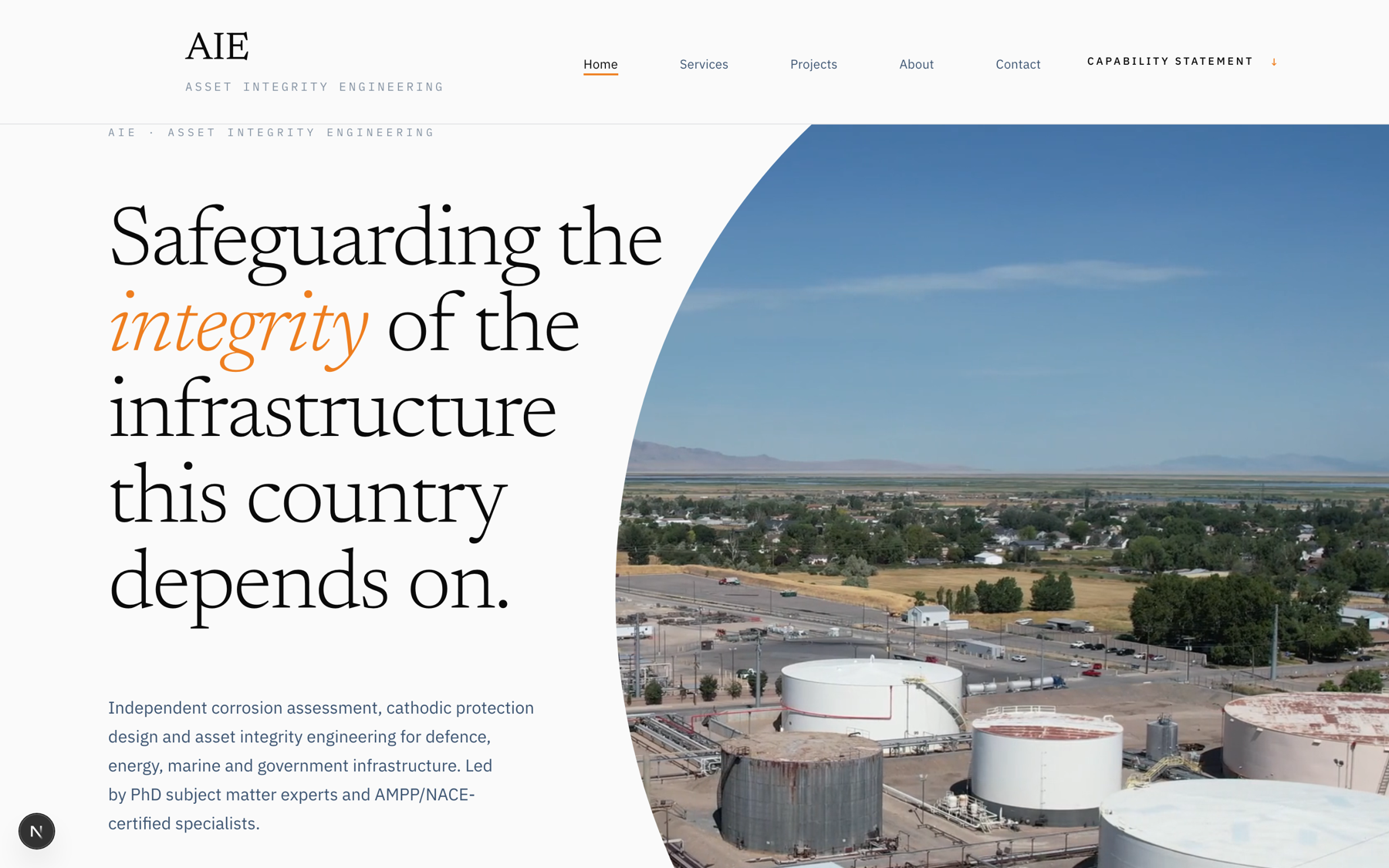 The engineering firm’s homepage — an editorial serif hero over an infrastructure photograph