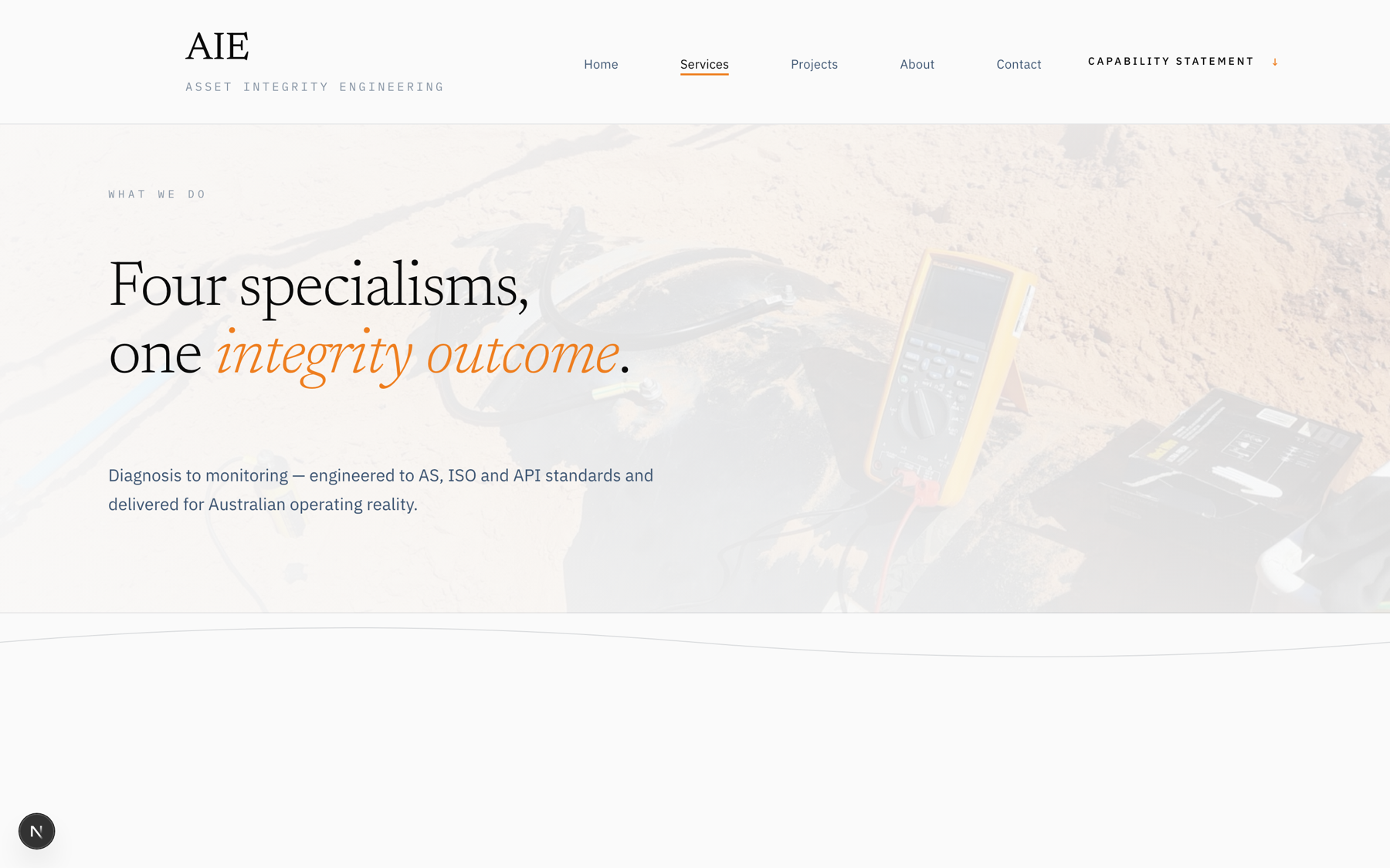 The services page — four specialisms, one integrity outcome
