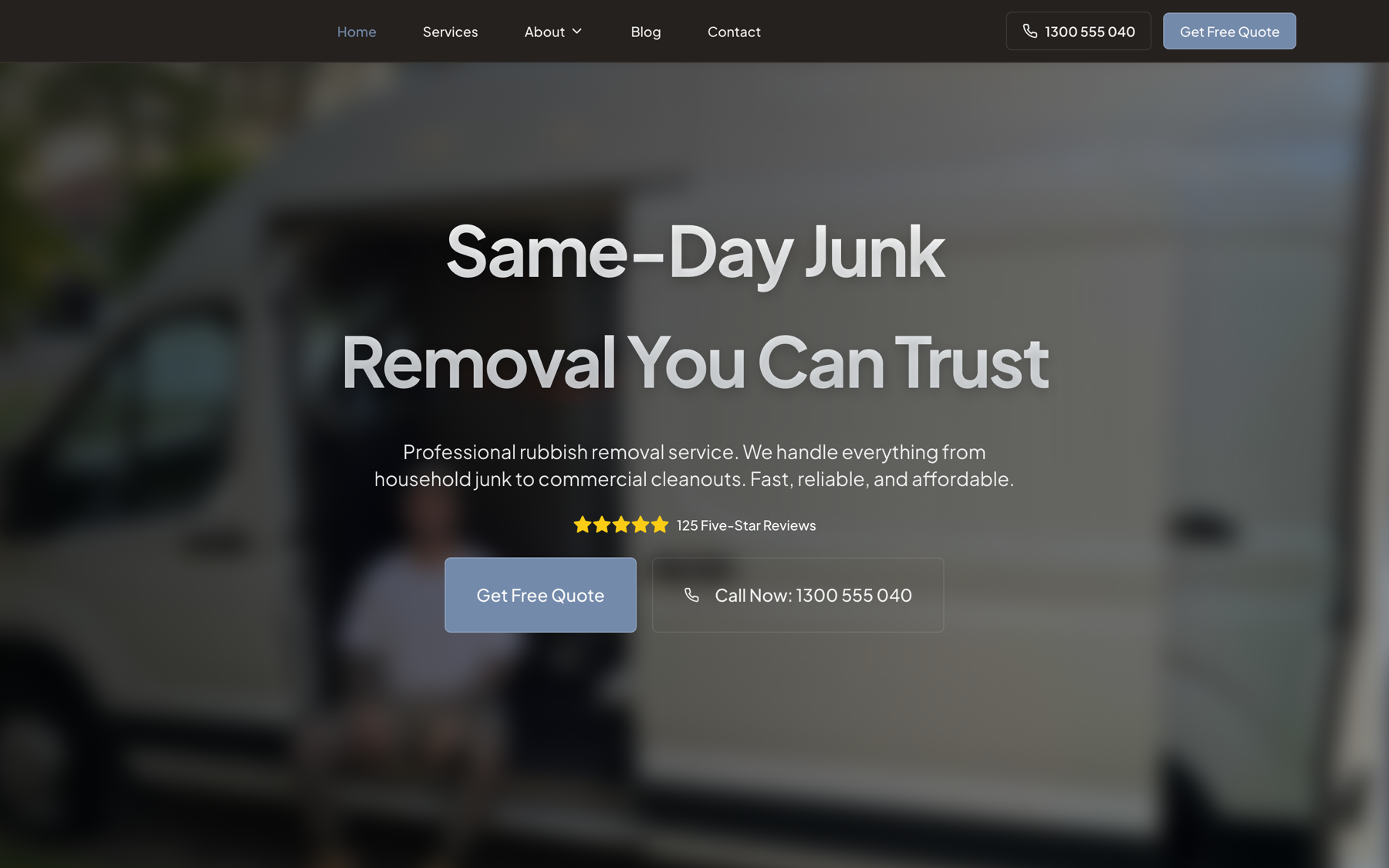 A same-day junk-removal homepage — a bold hero over a service-van photo, five-star reviews and a call CTA