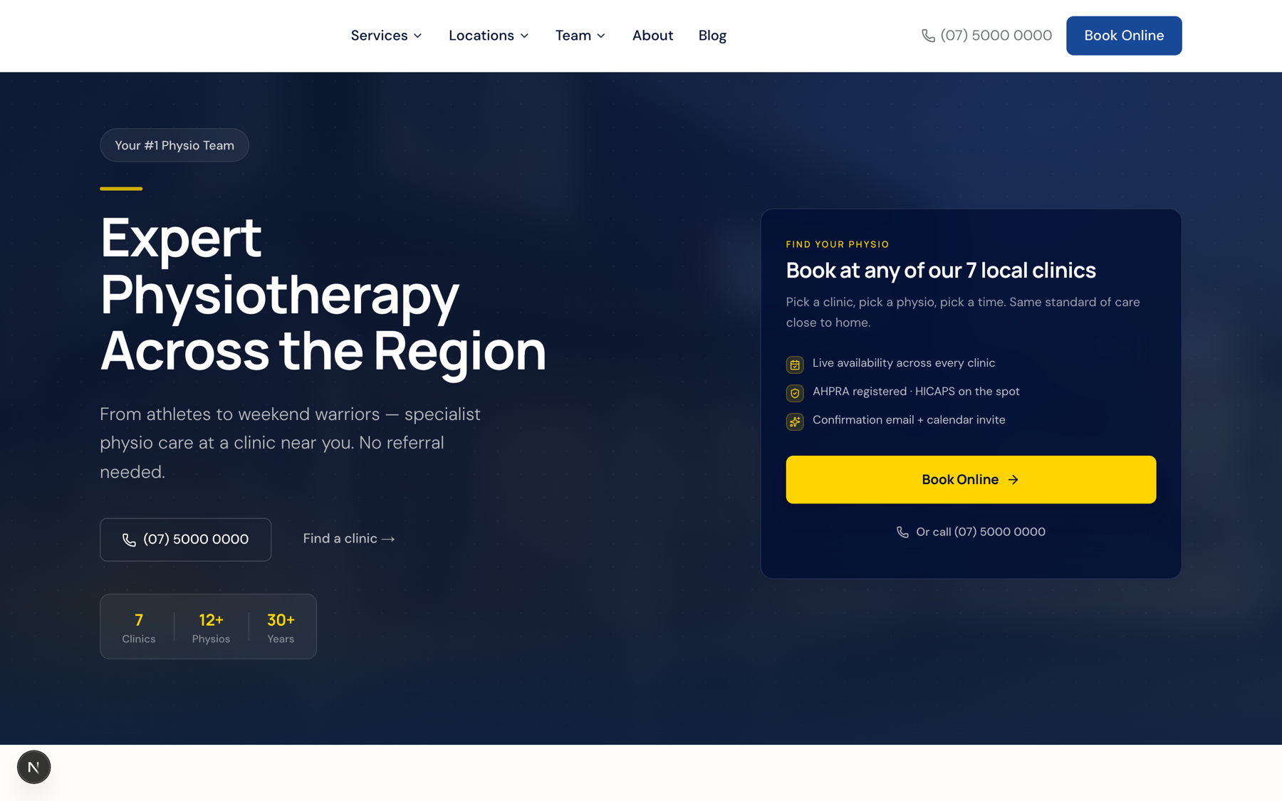 The physiotherapy group’s booking homepage — an instant-booking panel beside the hero, live availability across every clinic