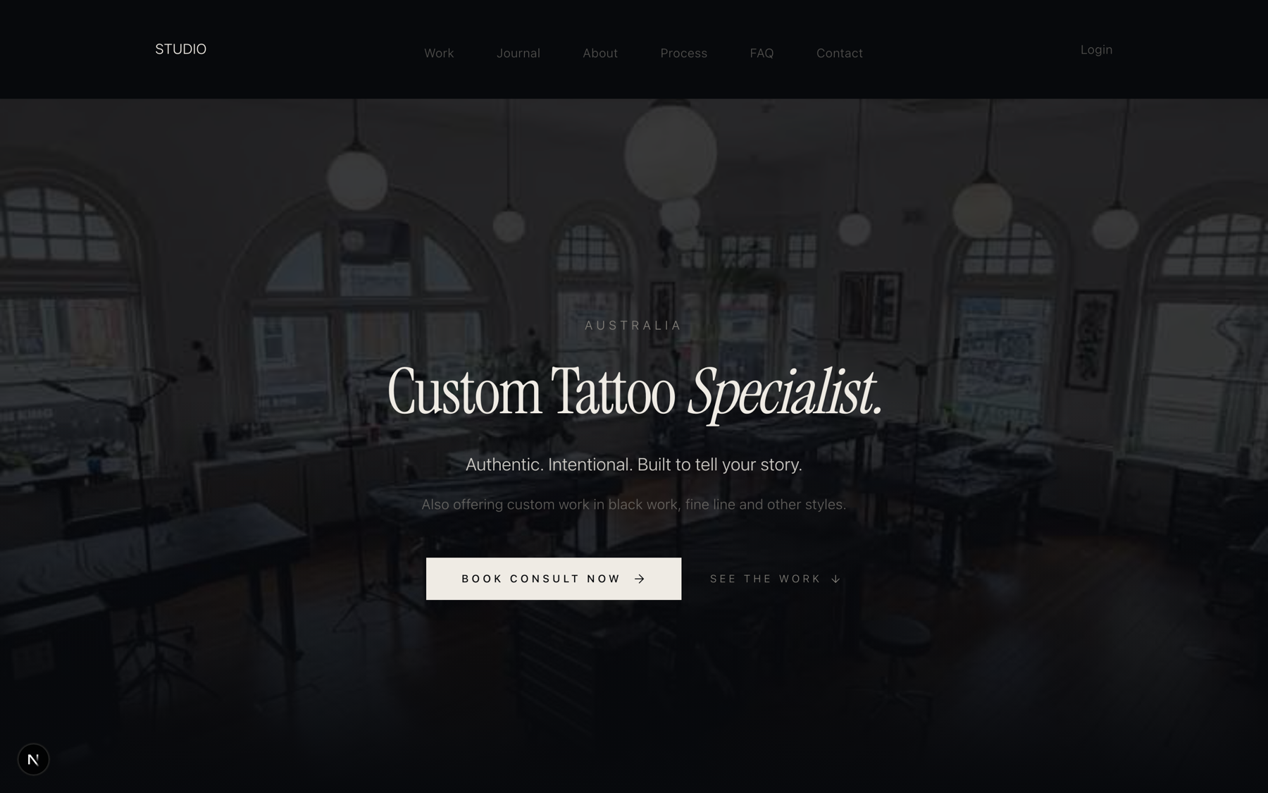The tattoo studio’s public marketing site — a dark, editorial homepage with the studio’s work behind the hero