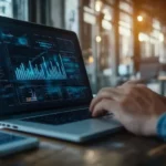 Close-up of a business professional analyzing search performance metrics on a laptop in a modern office setting, highlighting graphs and data visualizations.