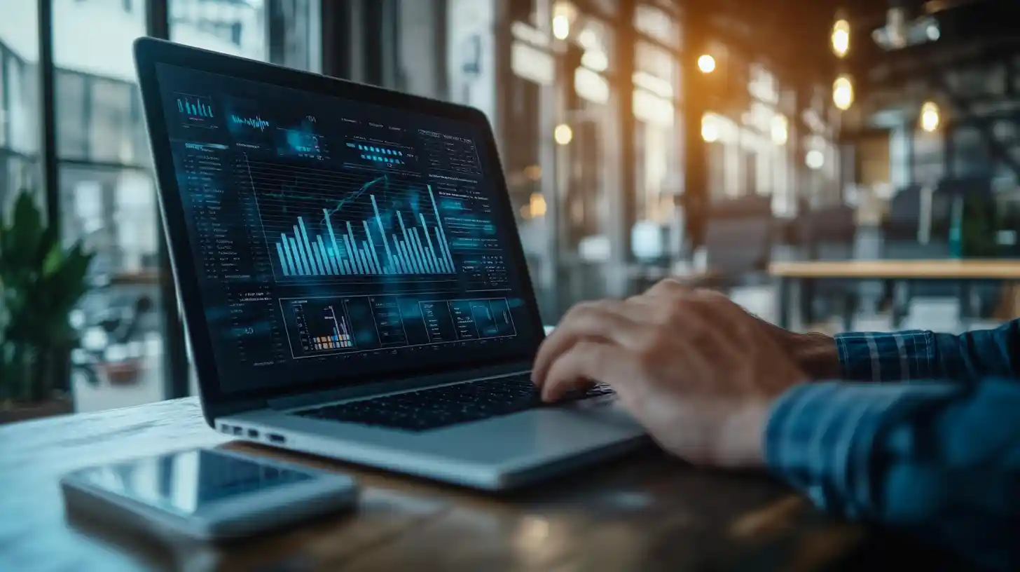 Close-up of a business professional analyzing search performance metrics on a laptop in a modern office setting, highlighting graphs and data visualizations.