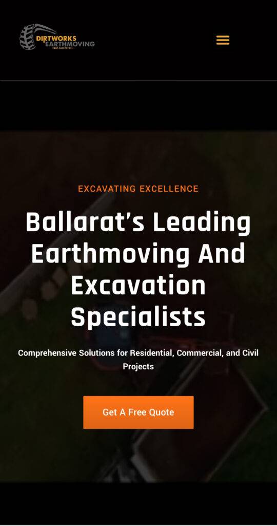 Mobile view of Dirtworks Ballarat website homepage with menu and call-to-action button